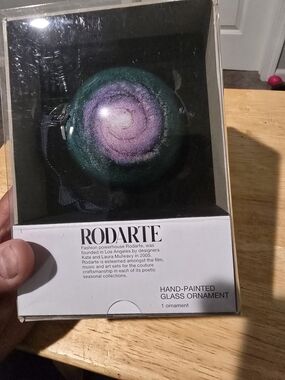Rodarte Hand-Painted Glass Ornament in Green and Purple Swirl